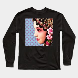 Chinese Opera Star with Baby Pink & Blue Tile Floor Pattern- Hong Kong Retro Long Sleeve T-Shirt